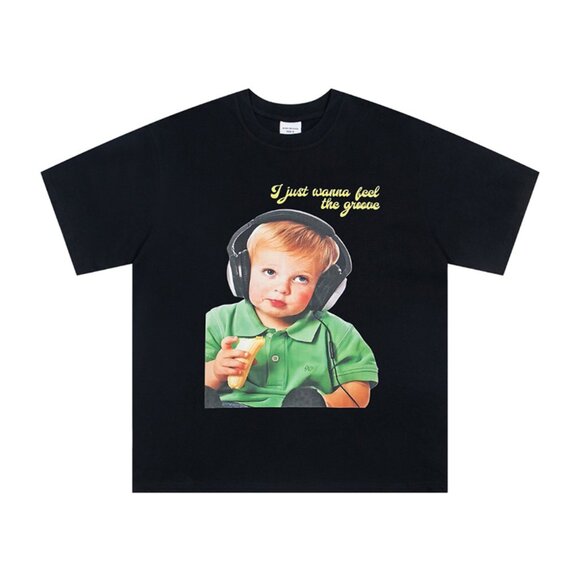 Acme De La Vie Black Short-Sleeved T-Shirt With A Boy Listening To Music Print - Picture 1 of 9